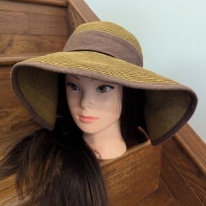 Delux Linen Cotton Brown Wide Brim Woven Packable Sun Hat With Bow Sz M/L